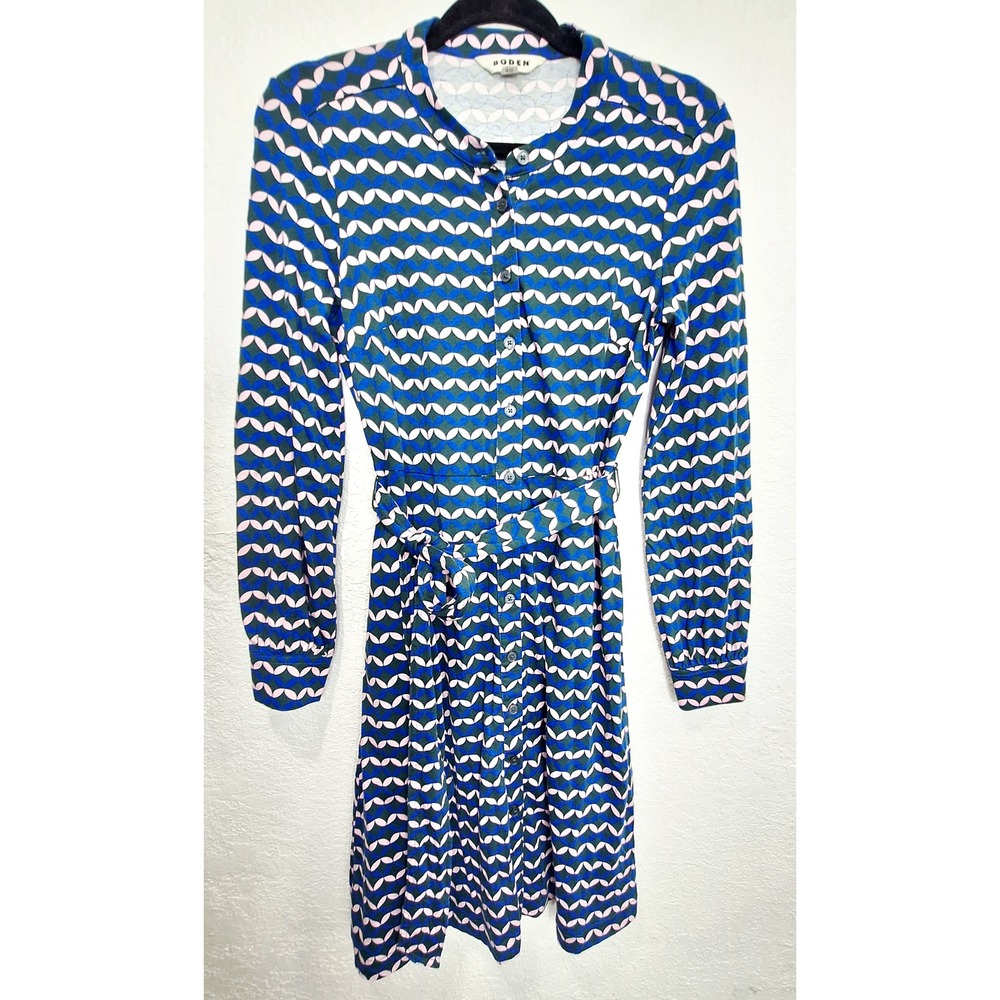 Boden Womens Blue Geometric Petal Print Shirt Dress Long Sleeve Petite 4P